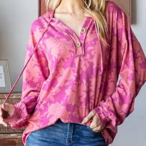 HEIMISH USA Pink Floral Henley Hoodie